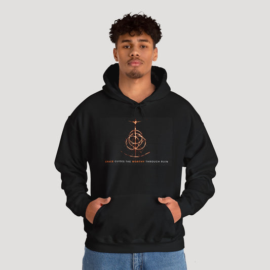 Inspiring Unisex Elden Rings Heavy Blend™ Hooded Sweatshirt - "Grace Guides the Worthy Through Ruin"