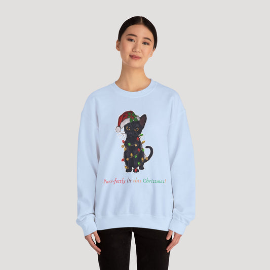 Purr-fectly Lit Christmas Cat Sweatshirt - Unisex Heavy Blend™ Crewneck